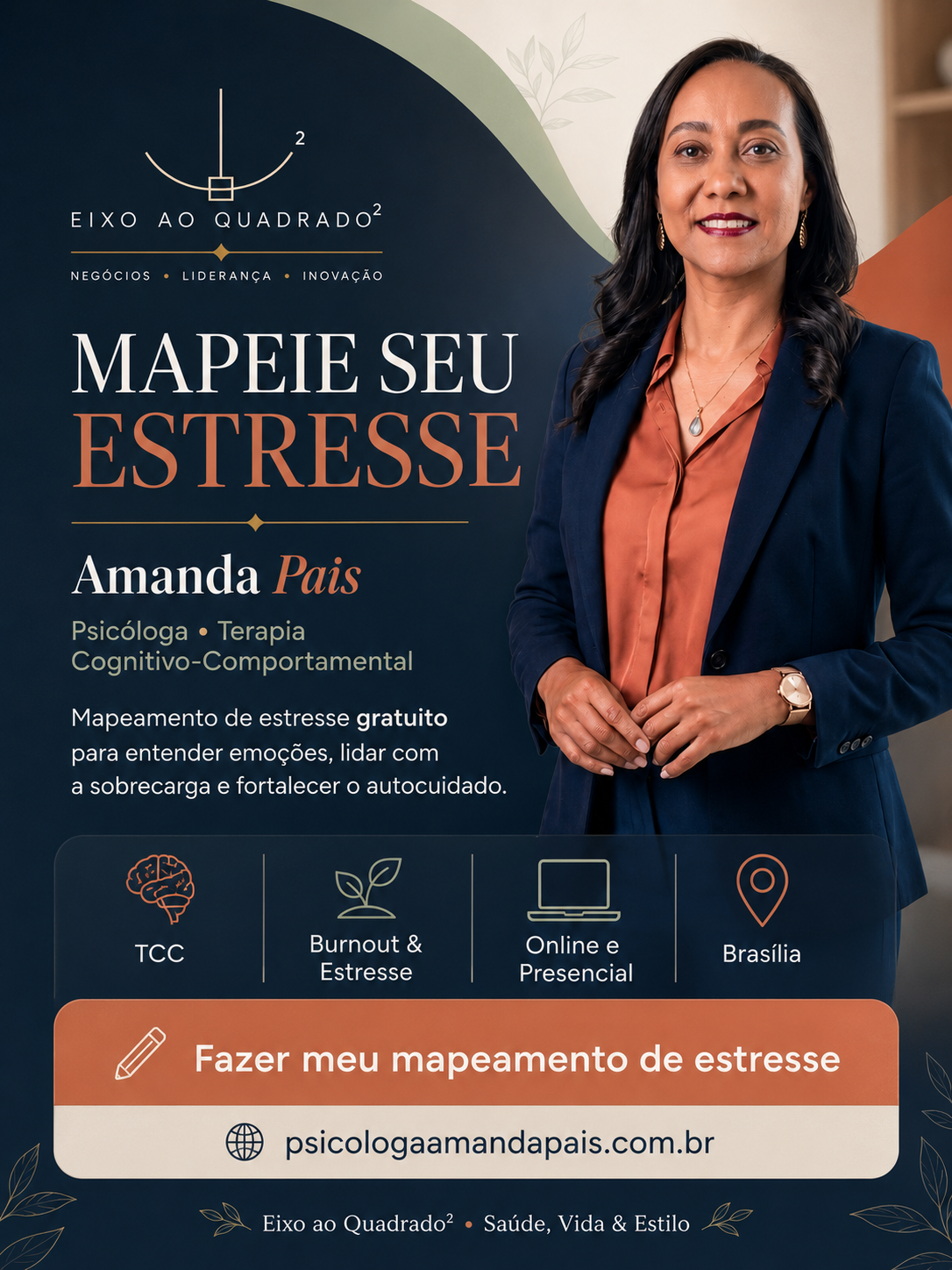 Resumo visual da matéria sobre Amanda Pais e o mapeamento de estresse gratuito.