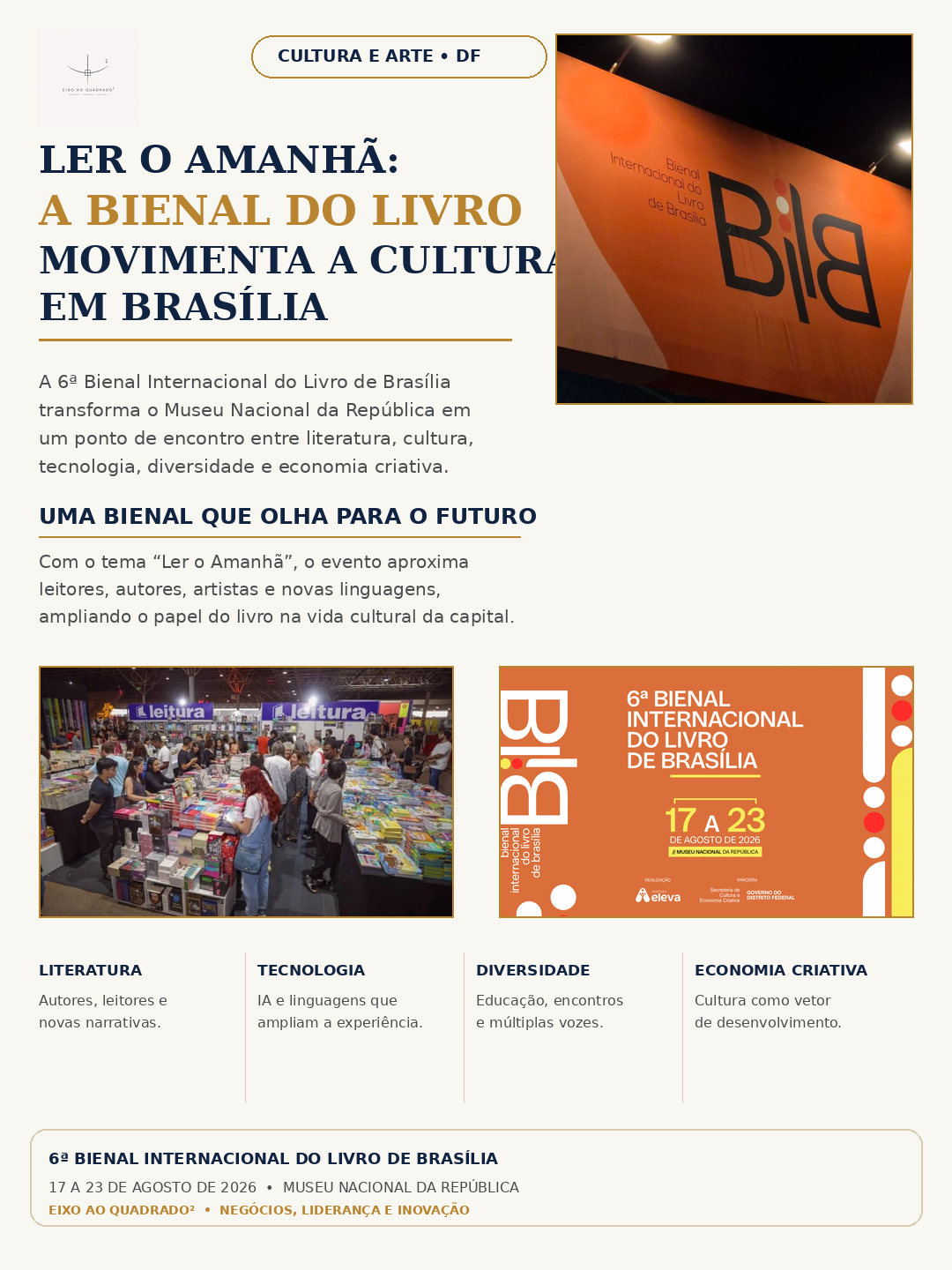Resumo visual da matéria sobre a Bienal Internacional do Livro de Brasília
