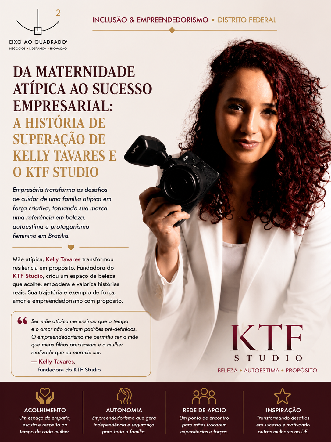 Resumo visual: Da maternidade atípica ao sucesso empresarial — a história de superação de Kelly Tavares e o KTF Studio.
